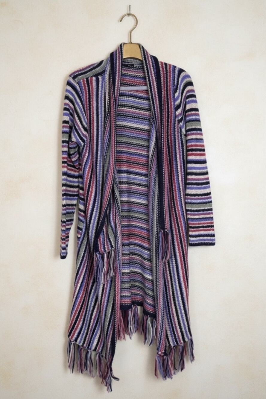 Womens Y2K striped open-front cardigan with a draped waterfall fringe hem Sz.Lrg